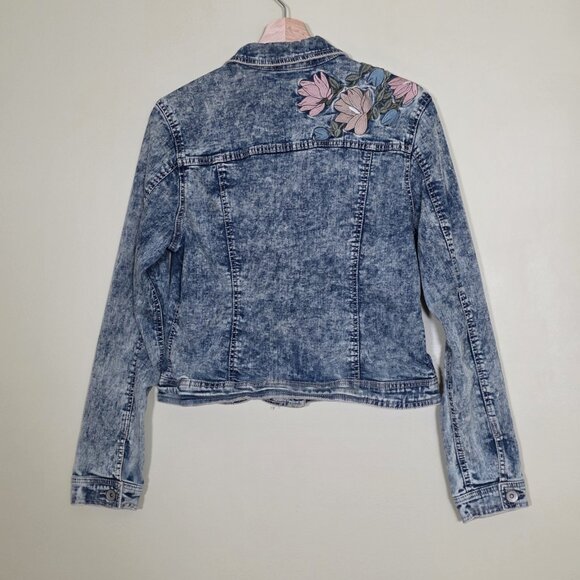 Suko Jeans Denim Jacket Women L Blue Acid Wash Floral Embroidery Stretch Y2K - Picture 2 of 16